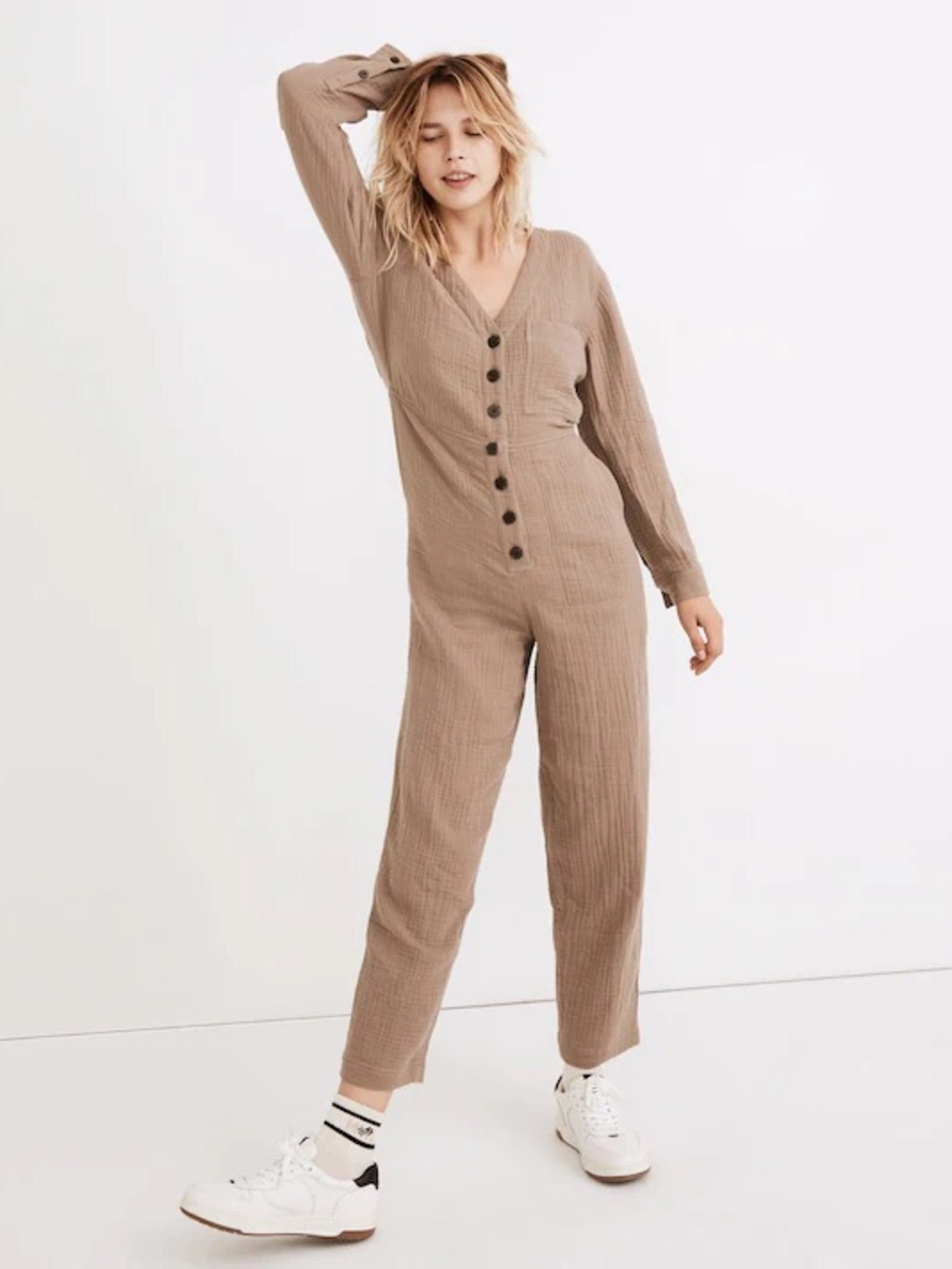 Madewell Lightspun Stitched-Pocket Coverall Jumpsuit Telluride Stone Brown Fall